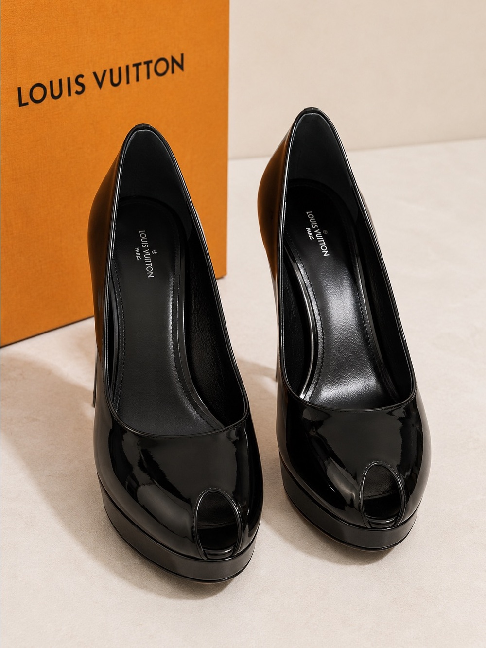 Louis Vuitton Black Patent Leather Peep Toe Platform Pumps Size 37